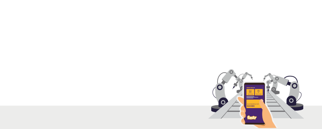 Roboter und Smartphone mit Kurierfahrt-App auf Förderband.