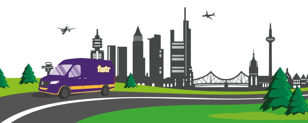 Lila Lieferwagen auf Straße, Stadtsilhouette von Frankfurt am Main im Hintergrund.