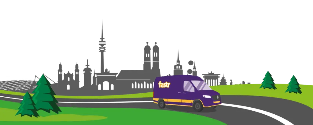 Violetter Fastr Transporter auf einer Strasse vor der Silhouette von München.