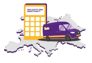 Lieferwagen vom Kurierdienst fastr in Lila vor einer Europakarte, neben einem großen Versandkostenrechner mit Text: Was kostet eine Direktfahrt?