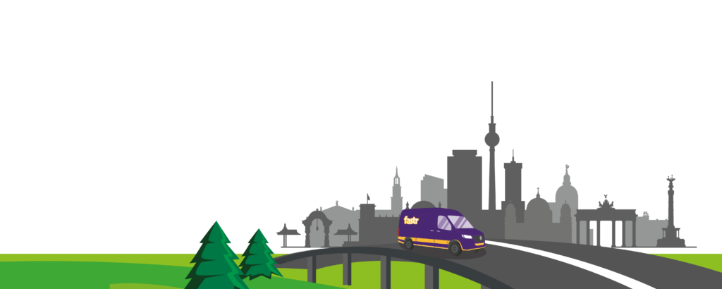 Illustration eines lila "Fastr" Lieferwagens auf einer Brücke, mit Nadelbäumen im Vordergrund und Berlins Stadtsilhouette im Hintergrund.