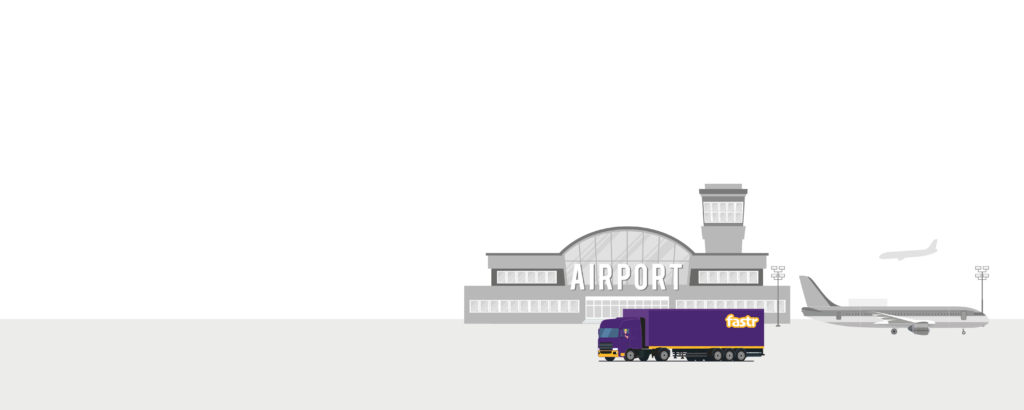 Ein Kurierfahrzeug von Fastr liefert im Rahmen einer AOG-Kurierfahrt an einem Flughafen ein Ersatzteil für ein gegroundetes Flugzeug an.