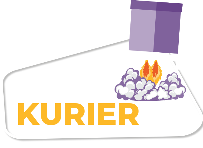 Logo mit lila Rakete, die nach oben fliegt, Text: Express Kurier in weißer und gelber Schrift auf schwarzem Hintergrund.