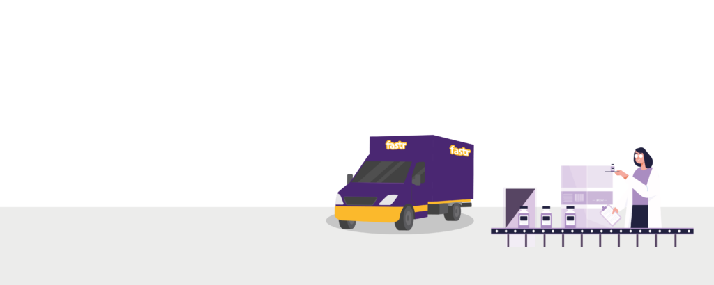 lila Lieferwagen und Wissenschaftlerin mit Laborproben auf Förderband