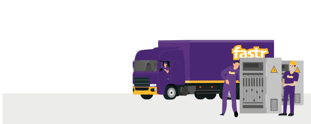 lila Fastr LKW mit Logo entlädt Elektronikequipment