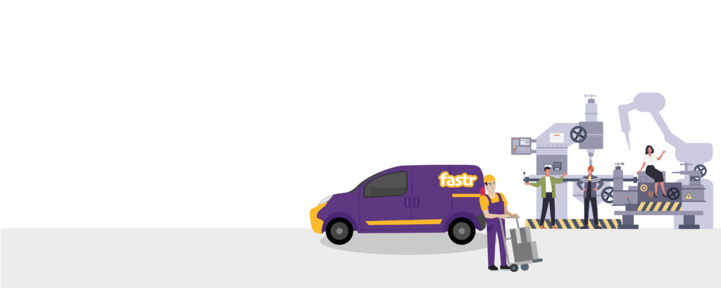 Illustration einer Lieferungsszene mit Fabrikarbeitern an Maschinen und einem violetten Caddy der Spedition Fastr. Ein Fastr-Mitarbeiter bringt zwei schwere Pakete auf einer Sackkarre zur Zustellung