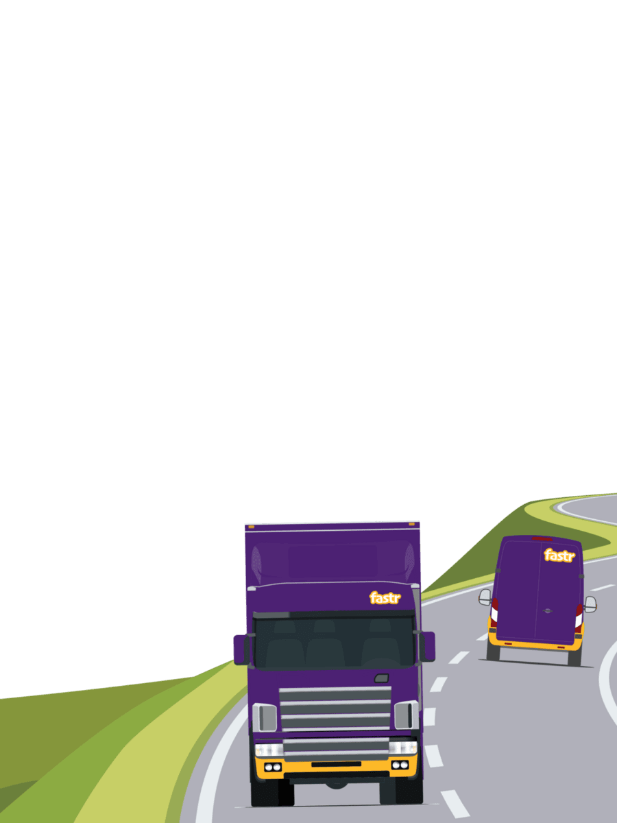 Ein lila LKW und ein lila Lieferwagen des Kurierdienstes fastr fahren auf einer kurvigen Straße durch eine hügelige Landschaft.