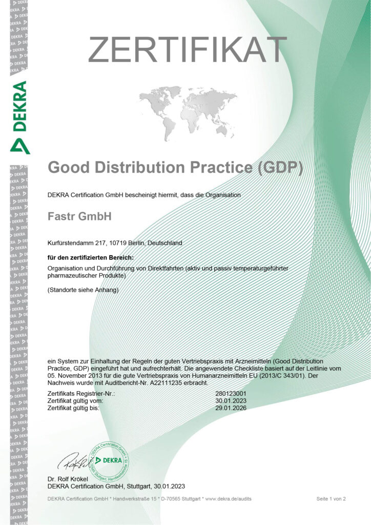 Zertifikat Fastr Good Distribution Practice GDP