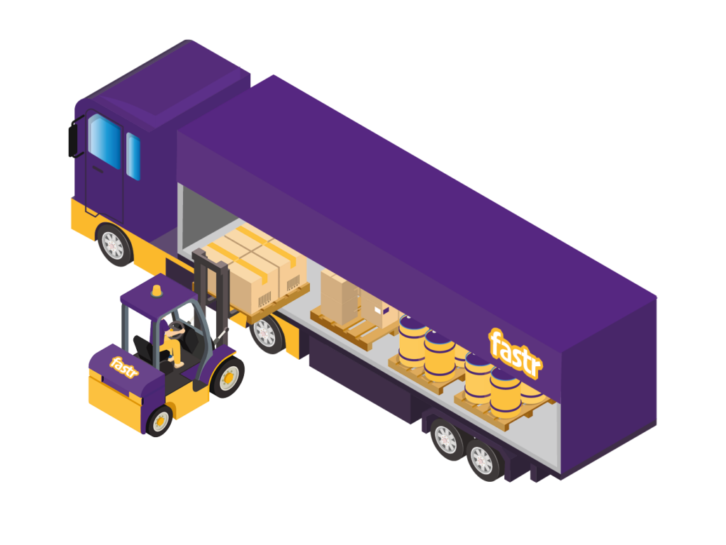 Violetter Lkw der Express-Spedition Fastr mit gelbem Unterfahrschutz und sichtbarem Firmenlogo ‚fastr‘. Die Seitenplane ist geöffnet, ein Gabelstapler entlädt seitlich große Papierrollen auf Paletten sowie Paletten mit Kisten.