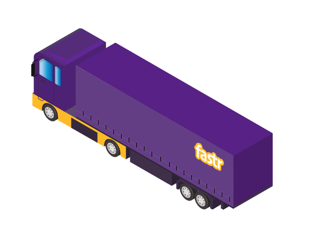 Violetter Lastwagen mit gelbem Unterfahrschutz mit Firmenlogo fastr