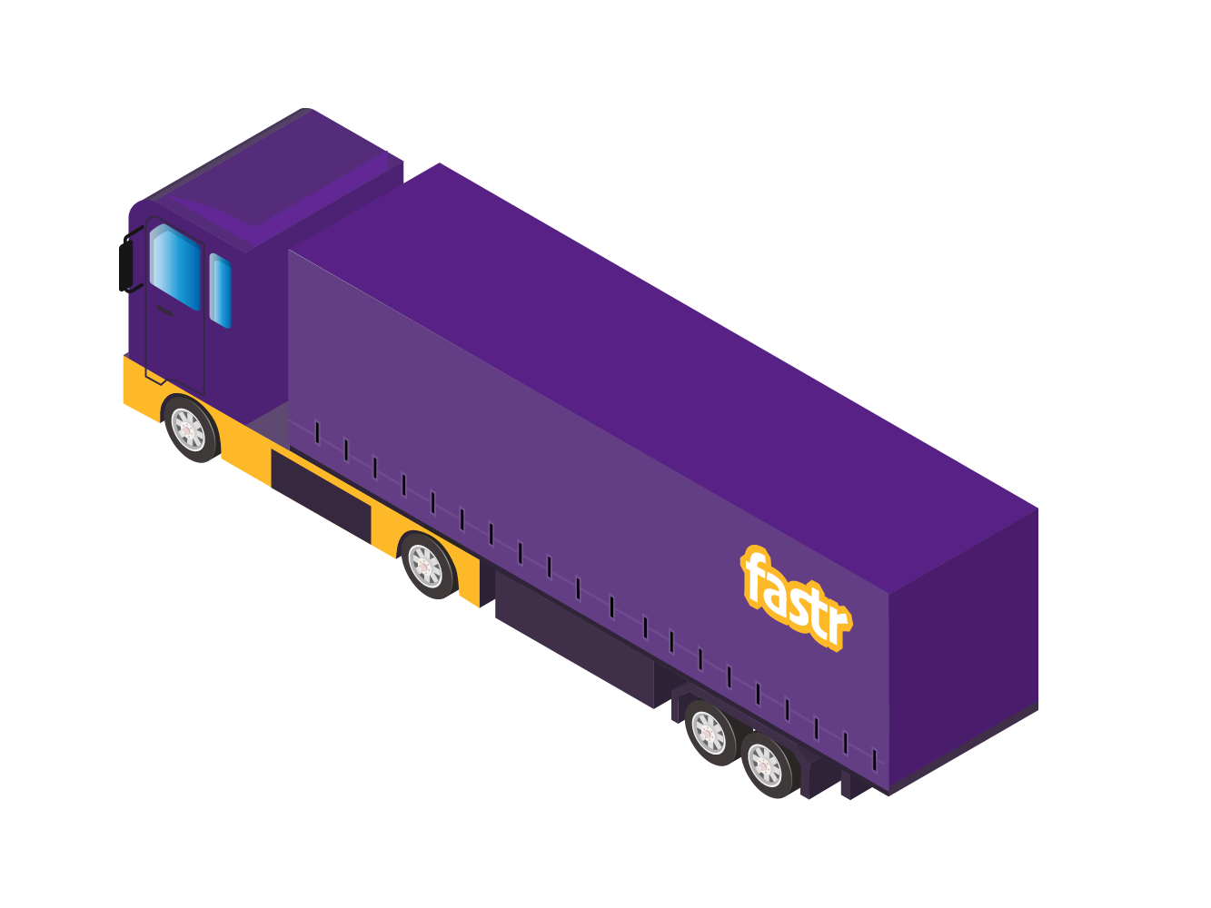 Violetter Lastwagen mit gelbem Unterfahrschutz mit Firmenlogo fastr