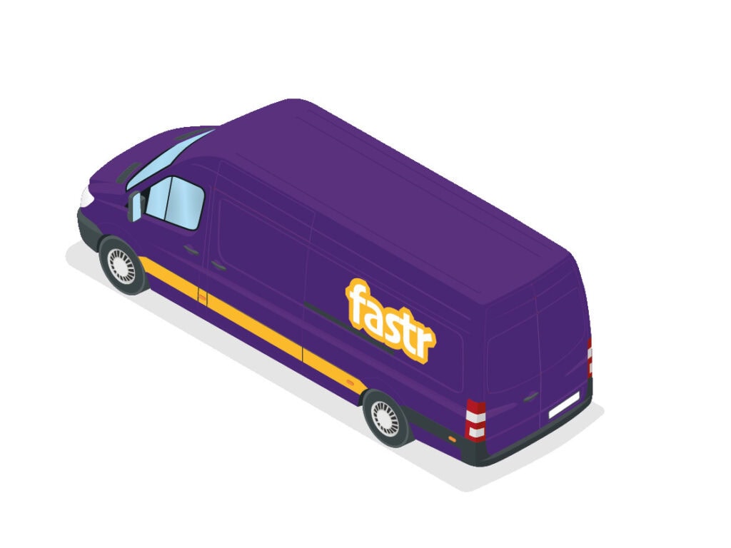 Lila Lieferwagen mit gelbem Logo und gelben Zierstreifen, seitlich.