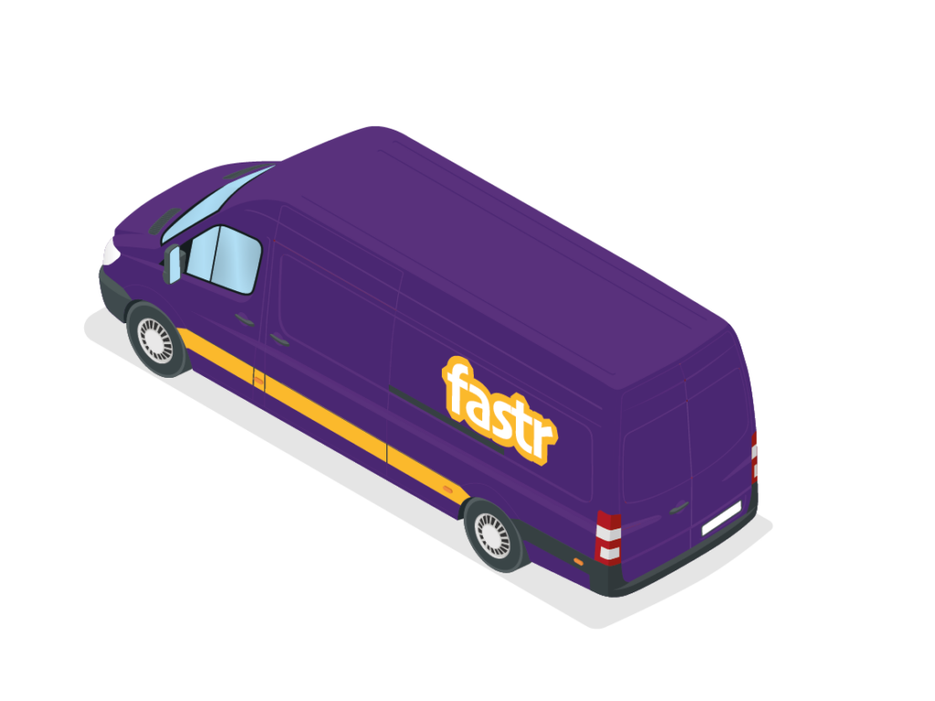 Lila Lieferwagen mit gelbem Logo und gelben Zierstreifen, seitlich.