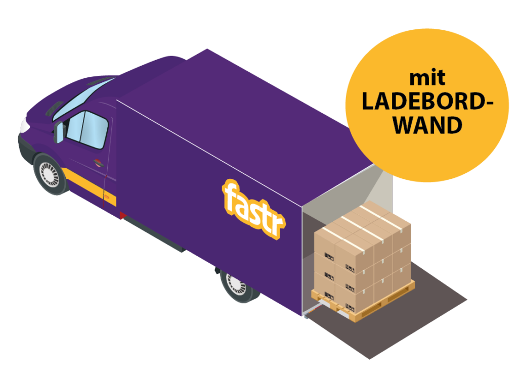 violetter Transporter der Spedition Fastr mit offener Ladebordwand – eine Europalette voller Pakete steht bereit, als wolle sie rufen Schnell, ich muss los.