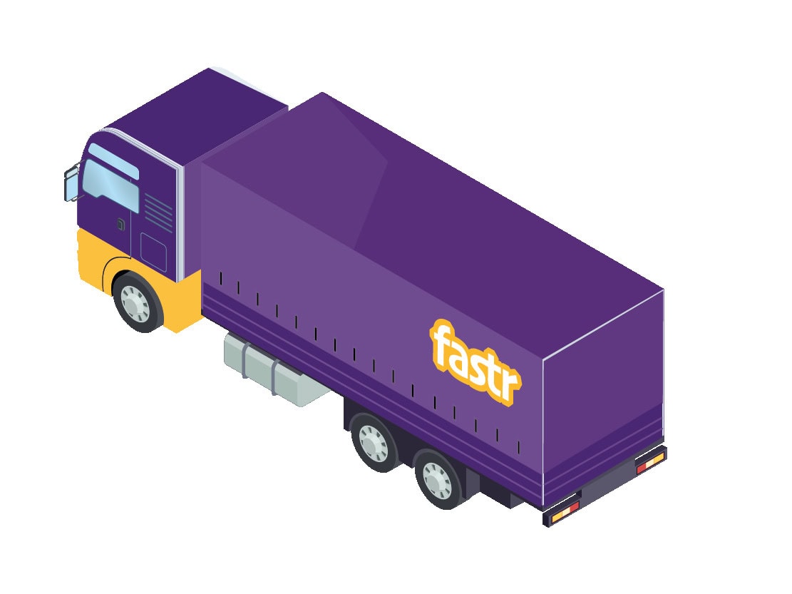 Violetter Tonner LKW mit Logo Fastr auf der Plane.