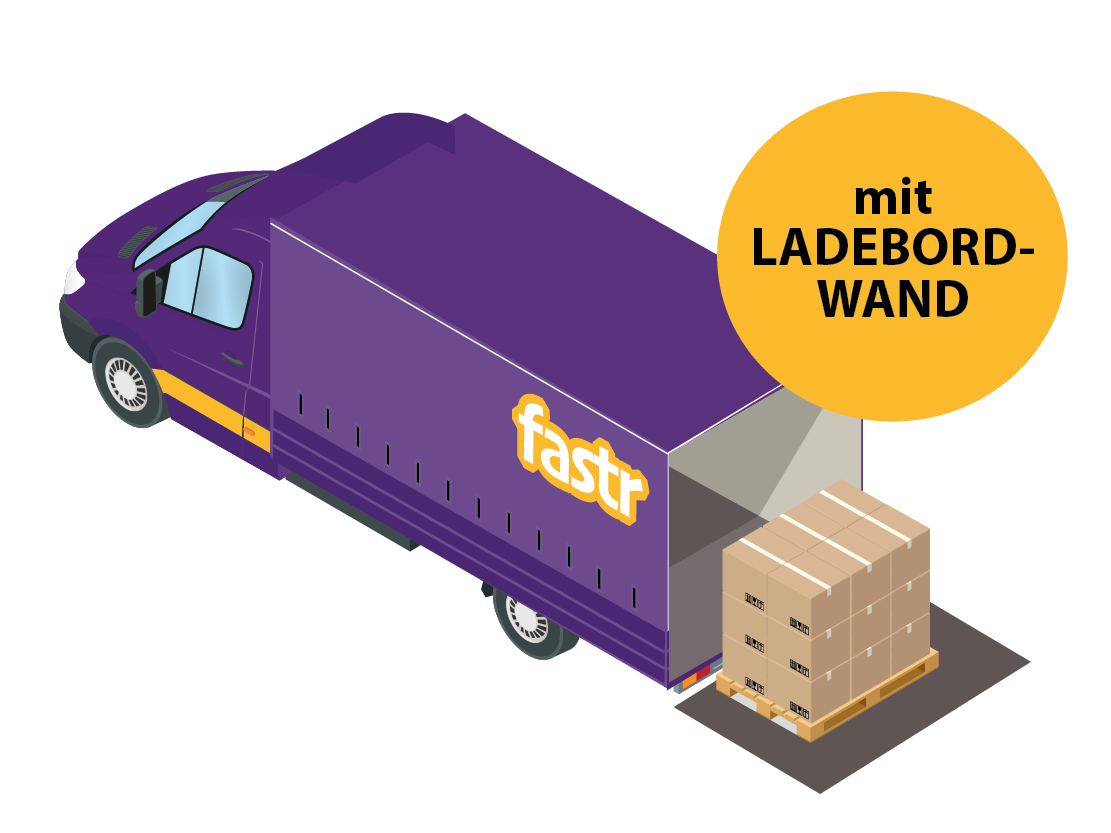 violetter Planen Transporter der Spedition Fastr mit offener Ladebordwand – eine Europalette voller Pakete steht bereit, als wolle sie rufen schnell, ich muss los