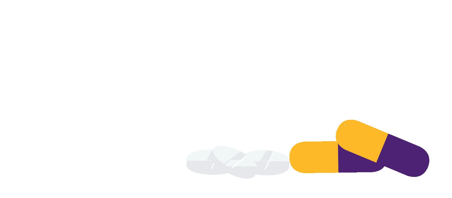 Mehrfarbige Medikamente und Tabletten auf weißem Hintergrund