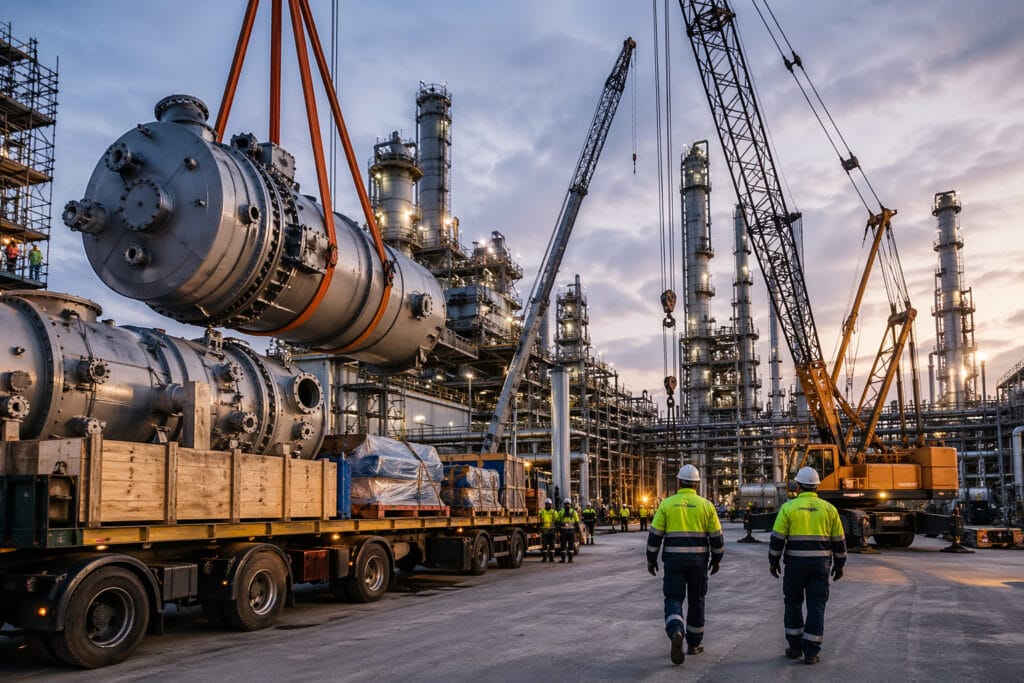 Industrieanlage mit Kränen und Großreaktor auf Tieflader