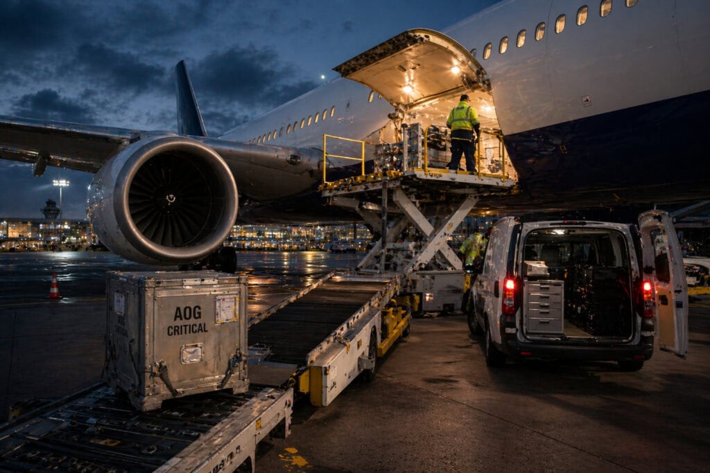 Frachtverladung an Flugzeug bei Nacht am Flughafen