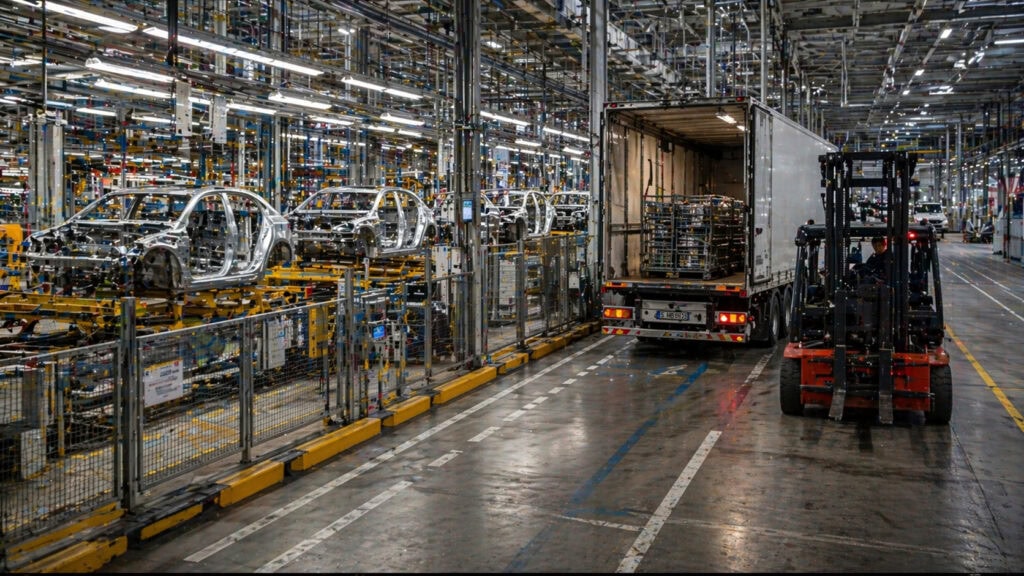 Autoproduktion in moderner Fabrikhalle mit Gabelstapler