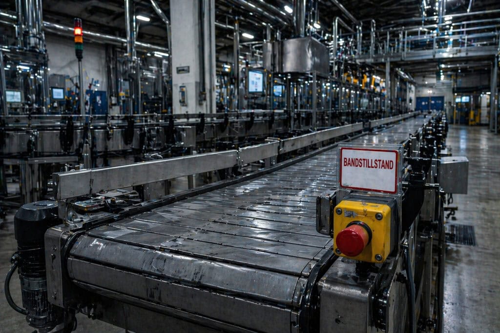 Stillstehendes Förderband in moderner Produktionshalle