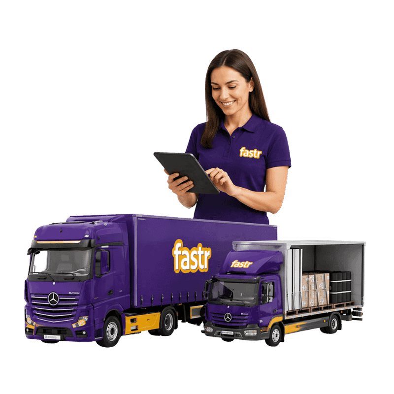 Mitarbeiterin mit Tablet vor lila Liefer-LKWs