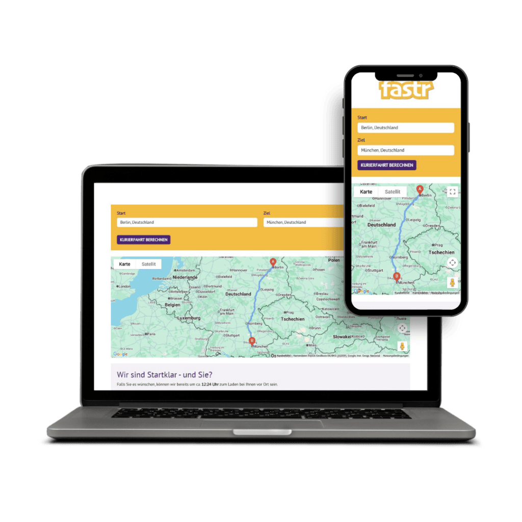 Laptop und Smartphone mit Kurierdienst-Routenplaner