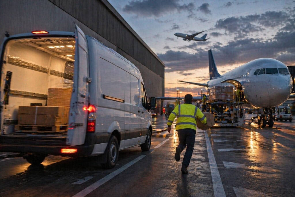 Frachtverladung am Flughafen bei Sonnenuntergang