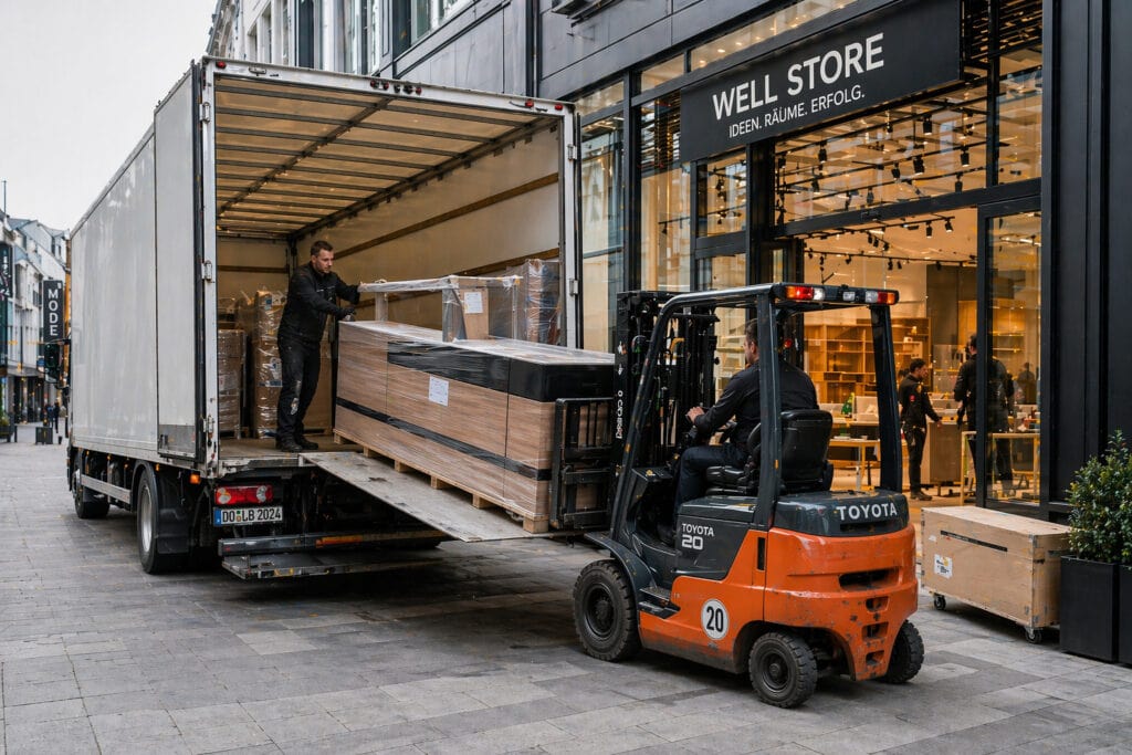 Gabelstapler entlädt Möbel vor Einrichtungsgeschäft
