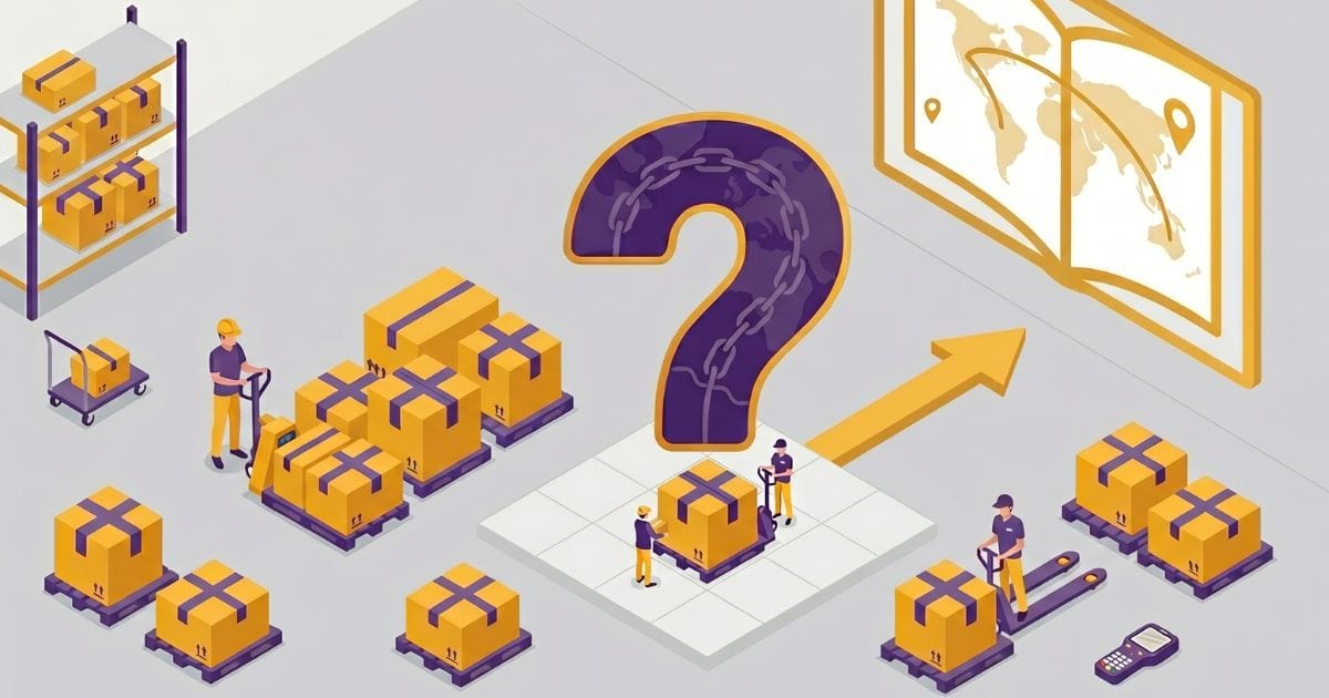 Logistiklager mit Paketen, Arbeitern und großem Fragezeichen