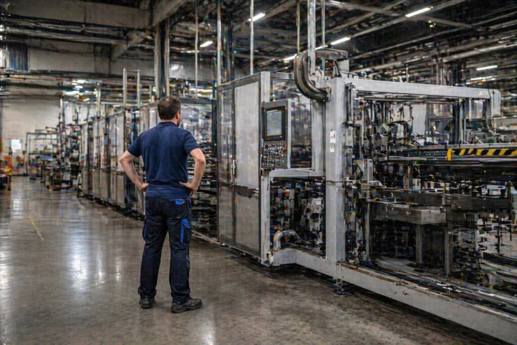 Arbeiter vor großer Industrieanlage in Fabrikhalle