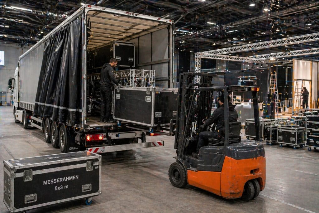 Gabelstapler entlädt Messekisten aus LKW