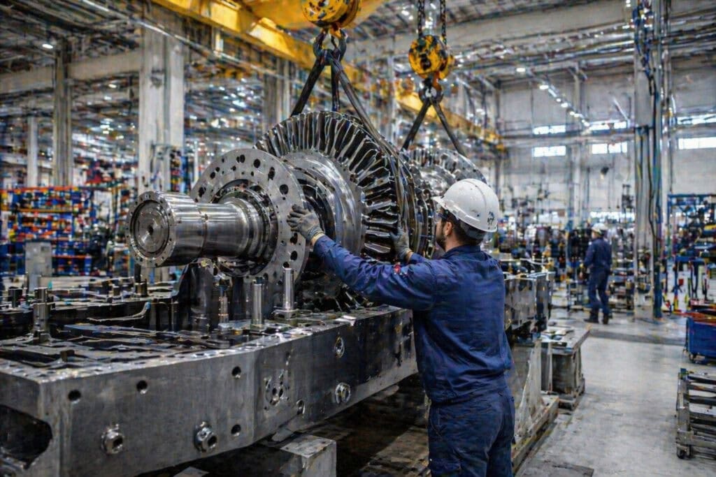 Arbeiter montiert Turbinenrotor in Industriehalle