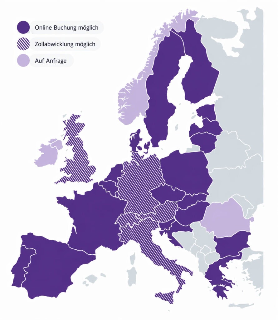 Europakarte mit markierten Serviceverfügbarkeiten