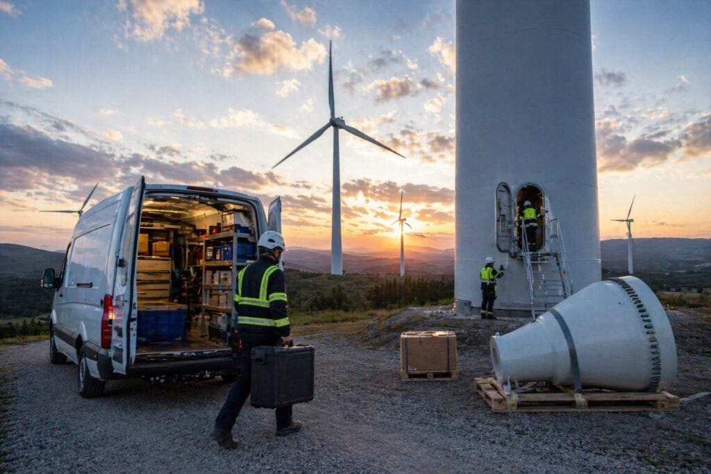 Servicetechniker warten Windkraftanlage bei Sonnenuntergang